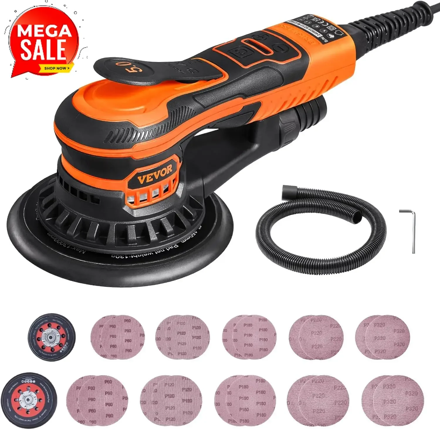 Random Orbital Sander 5 & 6-Inch, 350W Brushless Orbital Sander, 10,000 PRM 6 Variable Speed Electric Palm Sander with 20PCS San
