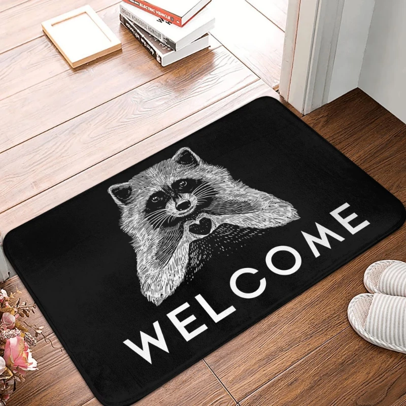 Cute Love Raccoon Front Door Mat Non-Slip Entrance Floor Mats Indoor Racoon Panda Kitchen Doormat Garden Carpet for Living Room
