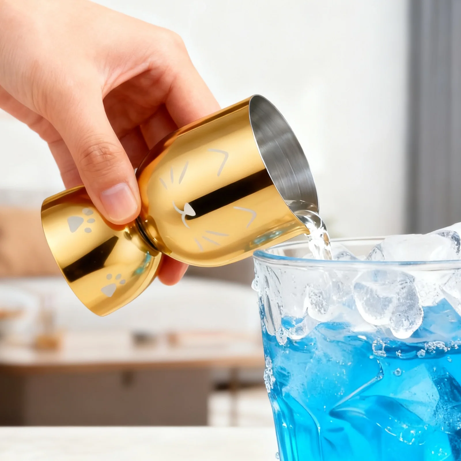 Bar Cocktail Jigger Measured Double 20ml 40ml Measuring Jiggers, Stainless Steel Tools Cup Shaker, Golden Silver Cat Measure Cup