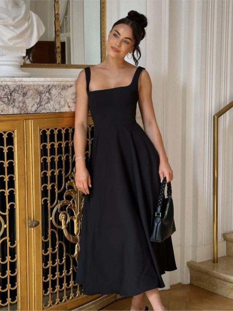 

2025 Women Summer Dress Square Collar New Thick Shoulder Sexy Slim Waist Dresses Solid Temperament Elegant Female Vestidos