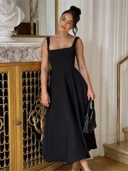 2025 Women Summer Dress Square Collar New Thick Shoulder Sexy Slim Waist Dresses Solid Temperament Elegant Female Vestidos