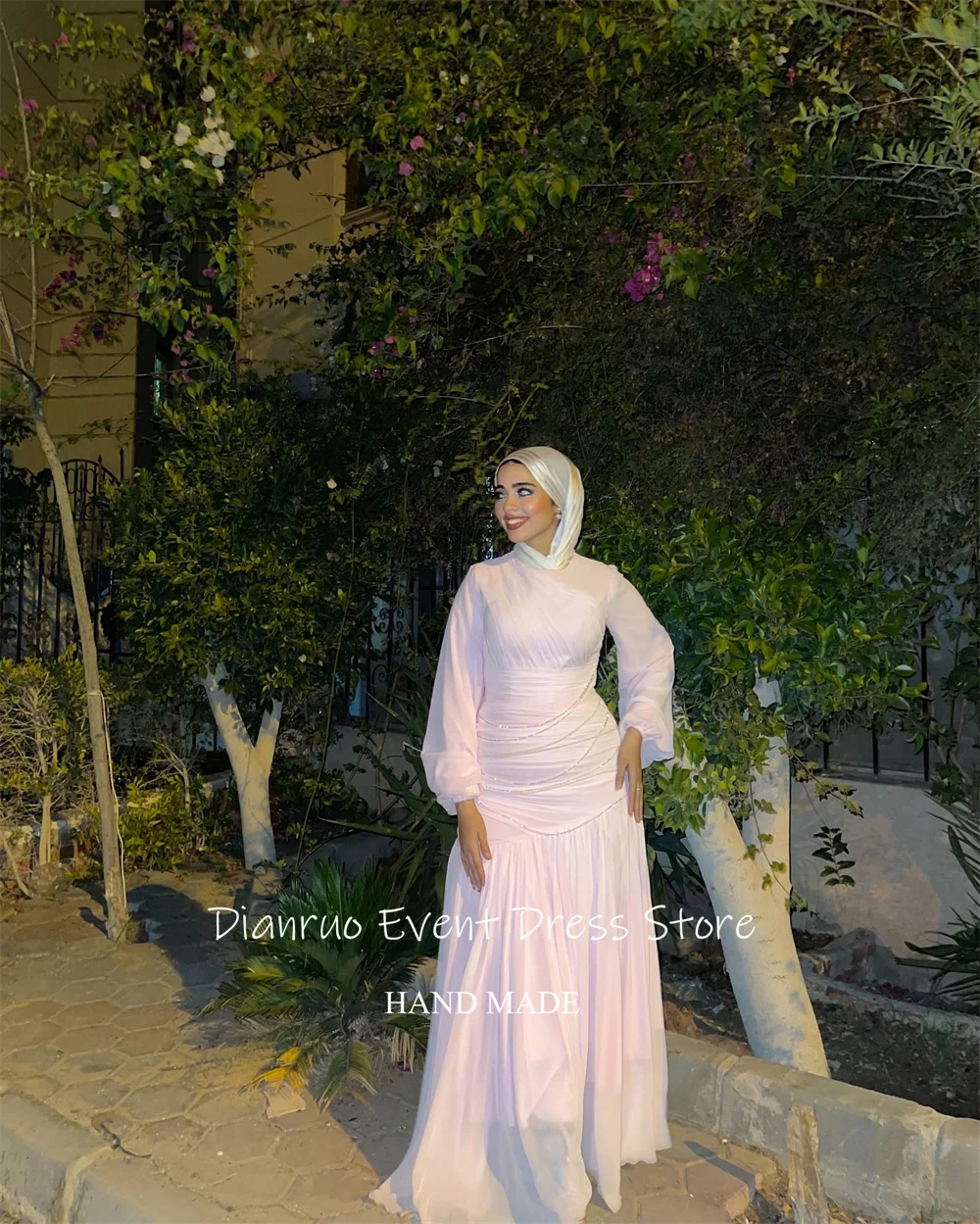 Dianruo فساتين سهرة شيفون متواضعة مكشكشة سباركلي فساتين حفلات إسلامية على شكل حرف A أنيقة وردي فاتح فستان زفاف سعودي مخصص