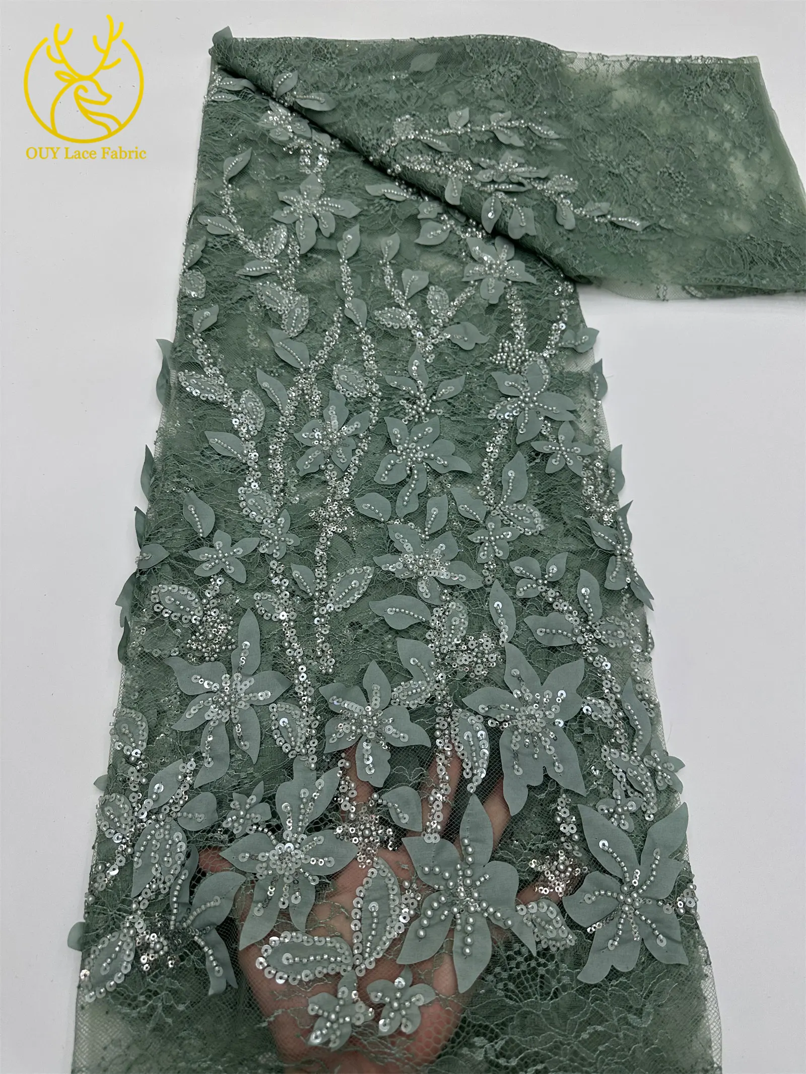 3D grüner afrikanischer handgefertigter Perlen-Pailletten-Spitzenstoff 2026 – Hochwertiger nigerianischer Stoff für luxuriöse Hochzeits- und Partykleider zum Nähen, 5 Yards – Detail 20