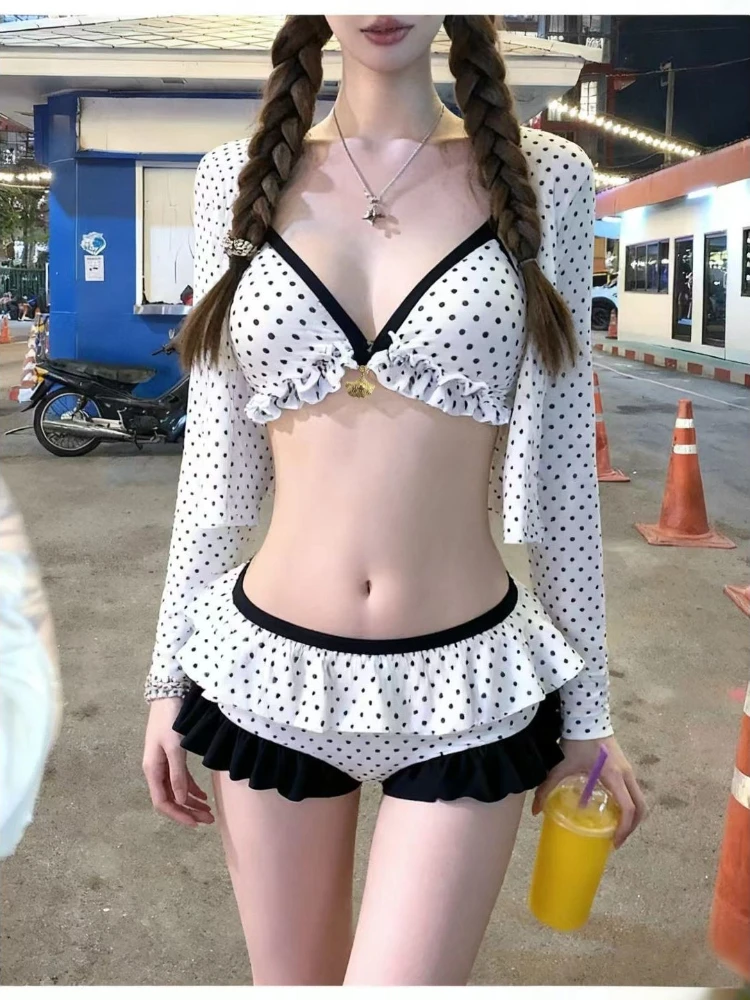 2026 French Sexy Coquette 3 Piece Swim Set Women Polka Dot Contrast Ruffle Tie Trim Crop Cardigan Bikini Slim Fit Beach Outfit