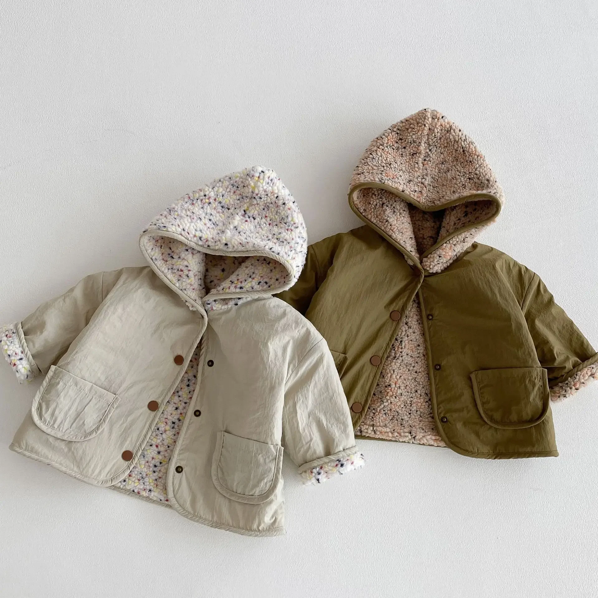 2025 Reversible Hooded Fleece Kids Winter Jacket 2-in-1 Warm Toddler Outerwear with Pockets Boys Comfort Hoodies 80-130cm