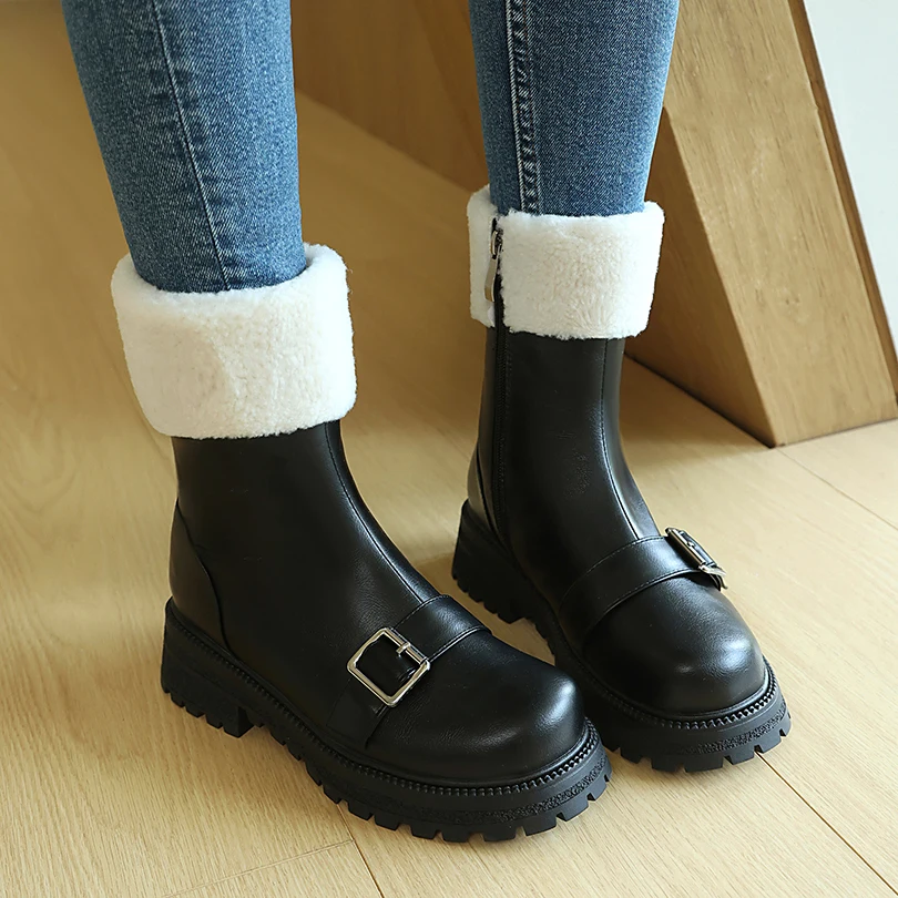 Lamb Wool Splicing PU Side Zipper Thick Plush Lining Winter Short Boots Anti Slip Thick Sole Upper Metal Belt Buckle Snow Boots