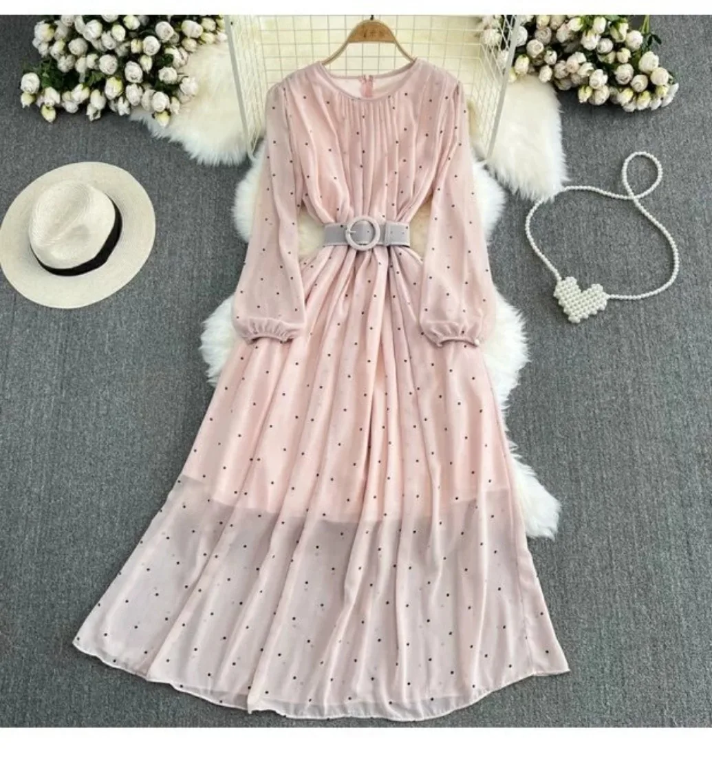 Vestido de chiffon de bolinhas, manga comprida lanterna, gola redonda, emagrecimento da cintura, linha A, estilo suave e retrô, vestido muçulmano,