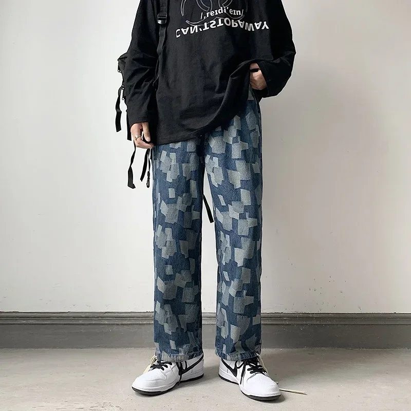 

Spring Casual Plaid Printed Straight Jeans Hombre Y2K Streetwear Denim Trousers 2025 New Retro Baggy Classic Wide Leg Jean