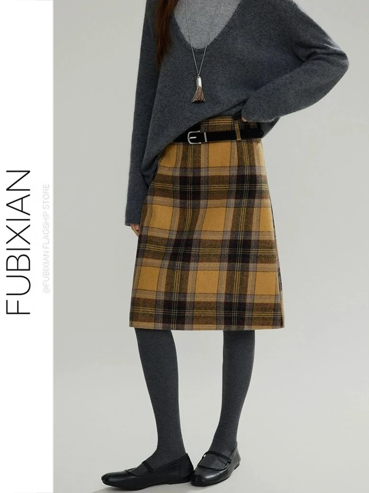 

Женская твидовая юбка с высокой талией, желтая в клетку, в стиле ретро, повседневный дизайн, универсальная, осенне-зимняя новинка, А-силуэт