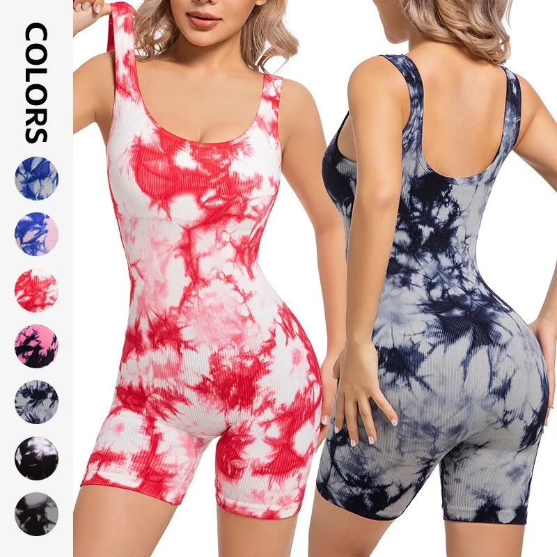 Tie-Dye Yoga Bodysuit for Women Built-in Bra High Waist Butt Lifting Quick Dry Seamless Gym Jumpsuit S/M