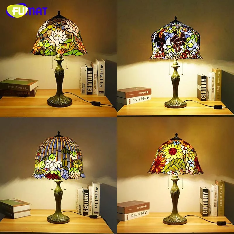 

FUMAT Tiffany style stained glass American warm retro desk lamp table lamp for villa hotel atmosphere study bedroom LED decor