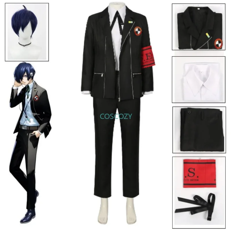 

2025 New Game P3 Makoto Yuki Cosplay Costume Wig Gekkoukan High School Uniform Embroidery Black Suit Pants Shirt Daily Weari