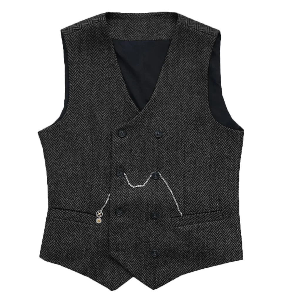 Men Vests Suit Tweed Wool Double-Breasted Waistcoat Brown Black For Groomsman Wedding