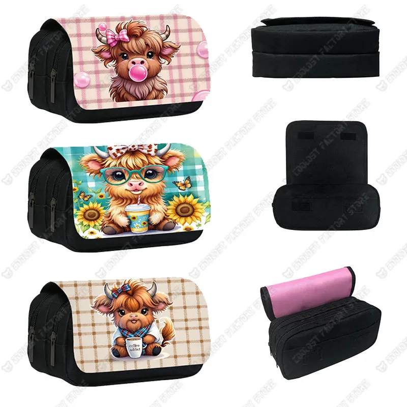 Animal Highland Cow Print Pencil Case Baby Scottish Highland Cow Drinking Coffee Makeup Bag Pencil Box Cosmetic Bag Brush Holder