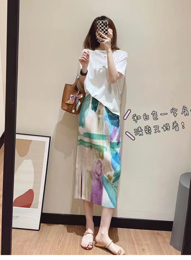 

HOT SELLING Miyake fashion fold Colorful Beach wind print A slit skirt IN STOCK