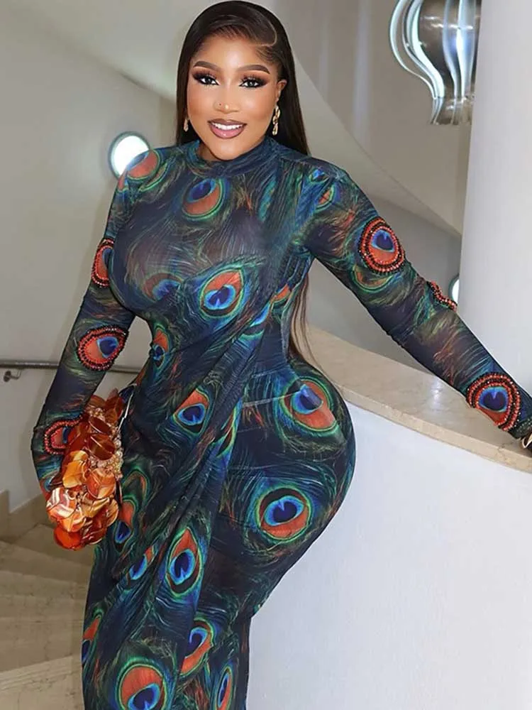 Vestidos de manga larga elegante cintura delgada transparente Sexy vestido verde oscuro mujer ropa de fiesta de noche vestidos ajustados Maxi