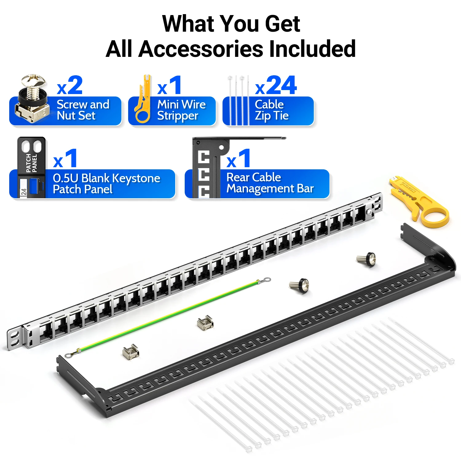 AMPCOM 0.5U Blank Keystone Patch Panel, 24 Ports 19 inch Rack or Wall Mount with Rear Cable Management Panel for Ethernet Cable
