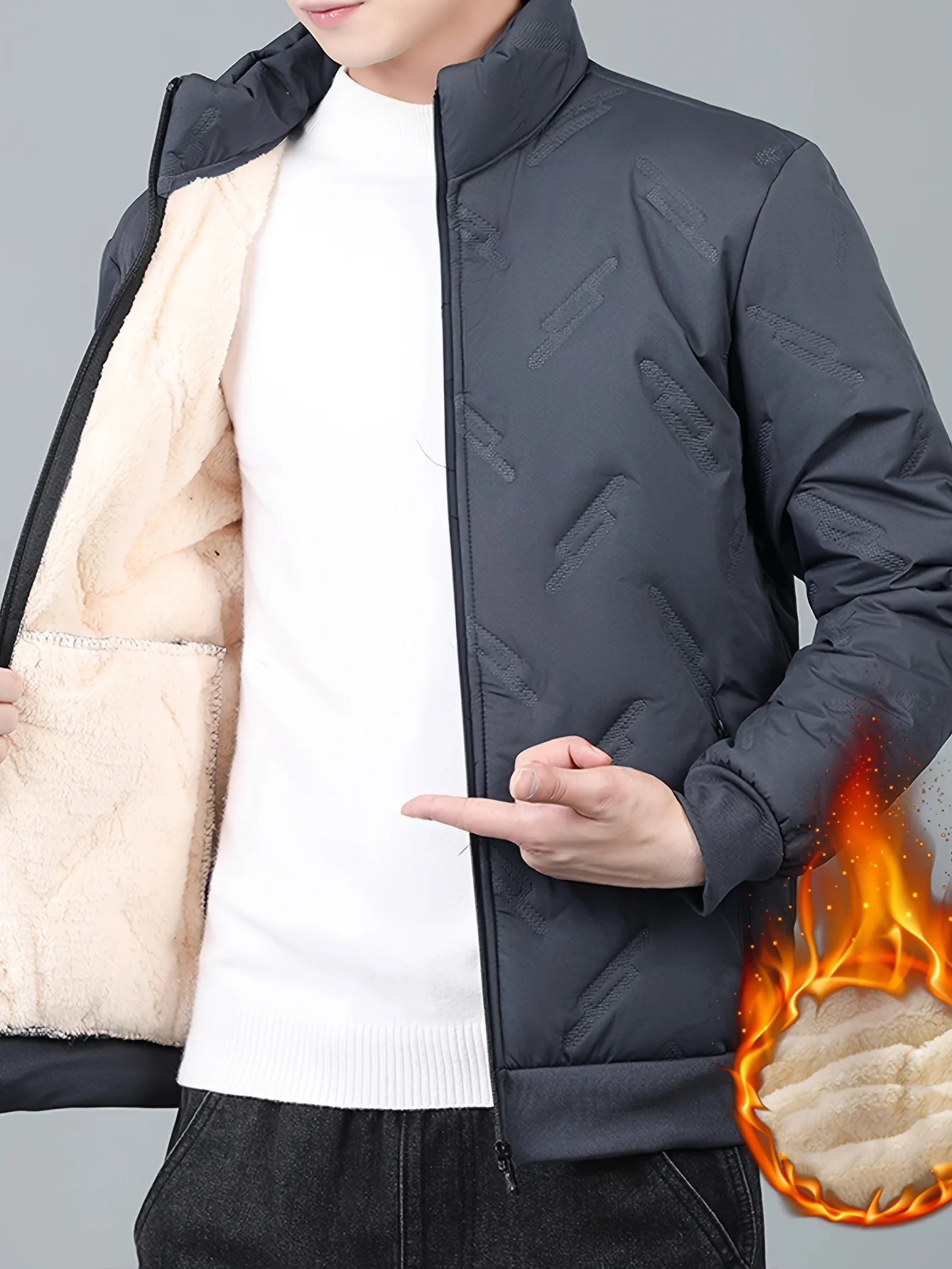 

Мужская черная зимняя бархатная куртка из овчины плюс повседневный воротник-стойка, теплая подкладка, свободный стиль, карман на молнии, подходит для Ou