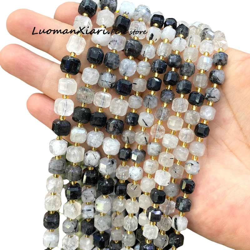 Natural Stone 6-7MM Faceted Square Black Rutilated Quartz Loose Spacer Beads for Jewelry Making Diy Charms Bracelet Accessories