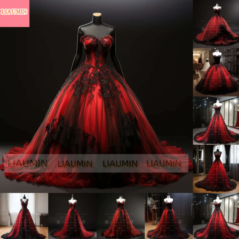 Handgefertigtes rotes Tüll-Abendkleid mit schwarzer Spitzenkante und Applikation in voller Länge, mit Schnürung am Rücken, formelle, elegante Kleidung, individuell gestaltet W1-5