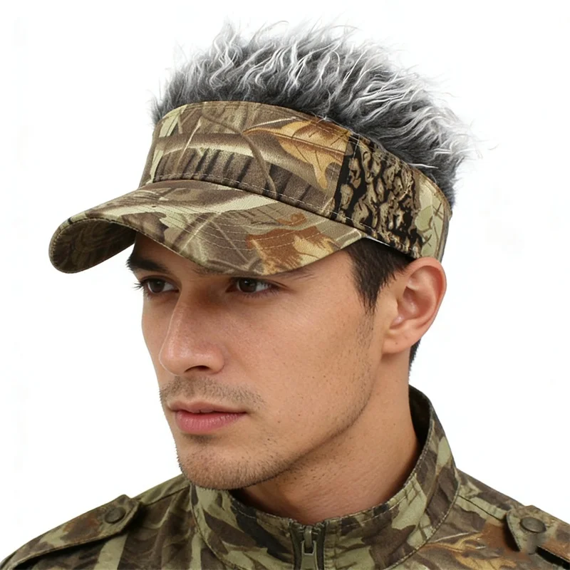 Jungle Leaf Printed Hunting Hiking An-ti UV Sunhat Spiked Hairs Wig Hats Mens Running Sports Golf Baseball Cap Sunshade Visors