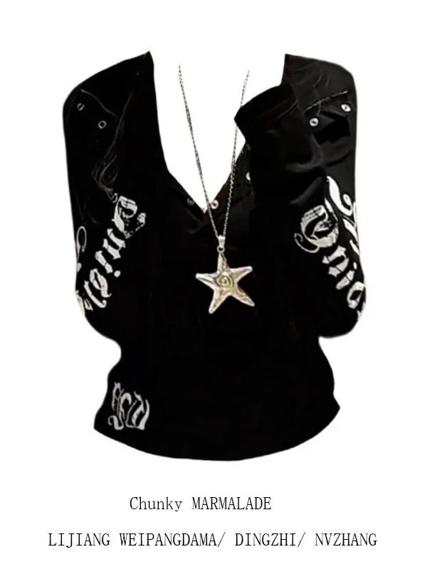 

plus Size Retro American Letter Print V-Ne Long Sve Hoodie Women Summer Street Sle Spicy Girl T-irt Slim Fit Casual ...