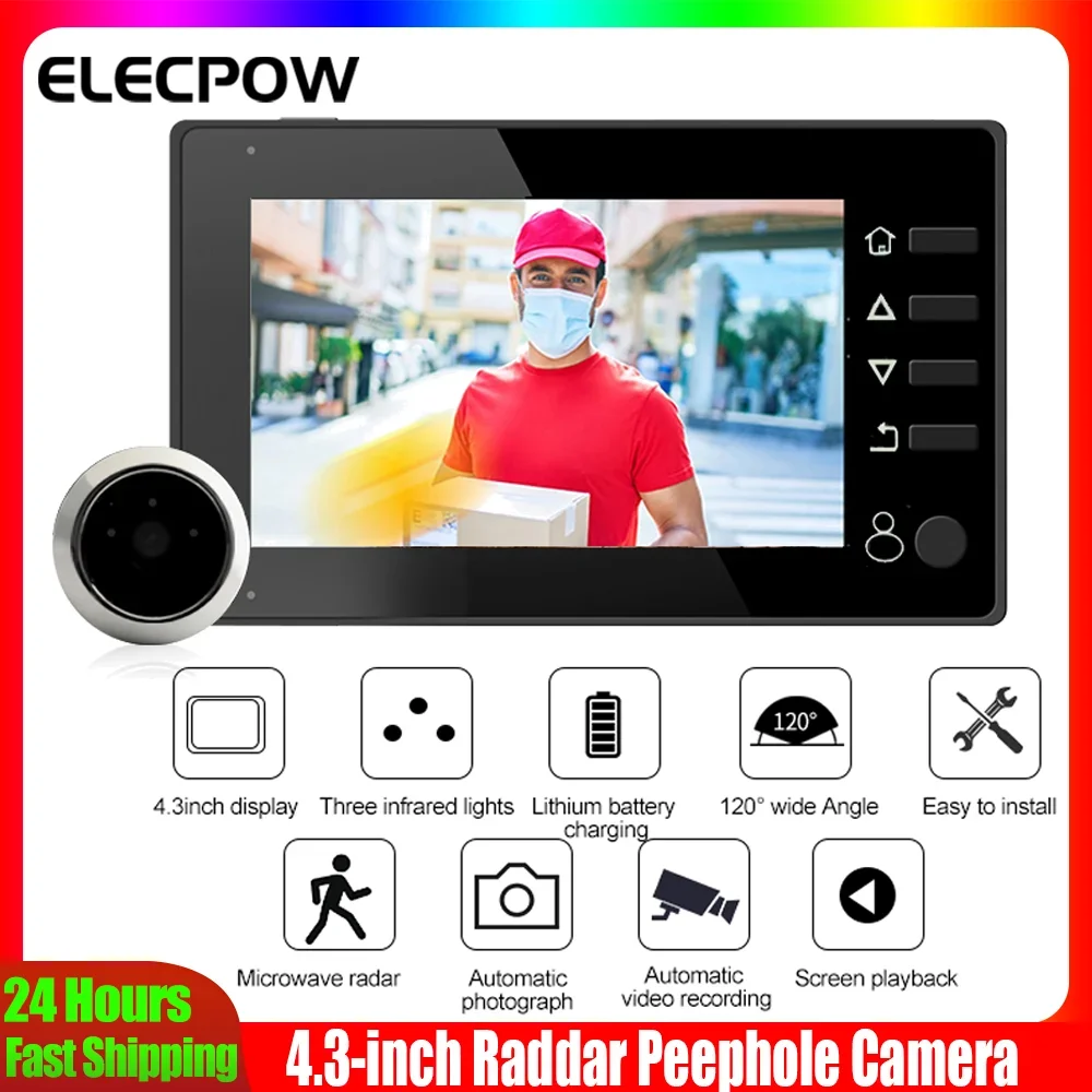 

Умная цифровая дверная камера Elecpow Raddar с 4,3-дюймовым экраном и углом обзора 120° ° Дверной глазок с HD-камерой и датчиком движения PIR для защиты и безопасности