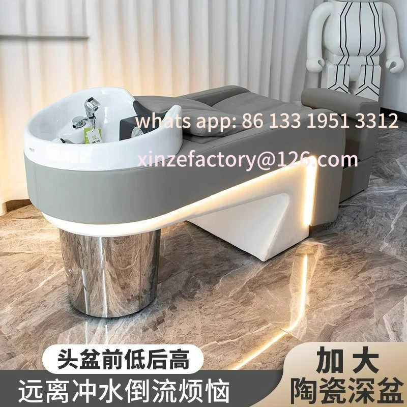 

High-end barber shop ceramic basin shampoo bed semi-reclining hair salon special hair salon massage flush bed tide shop