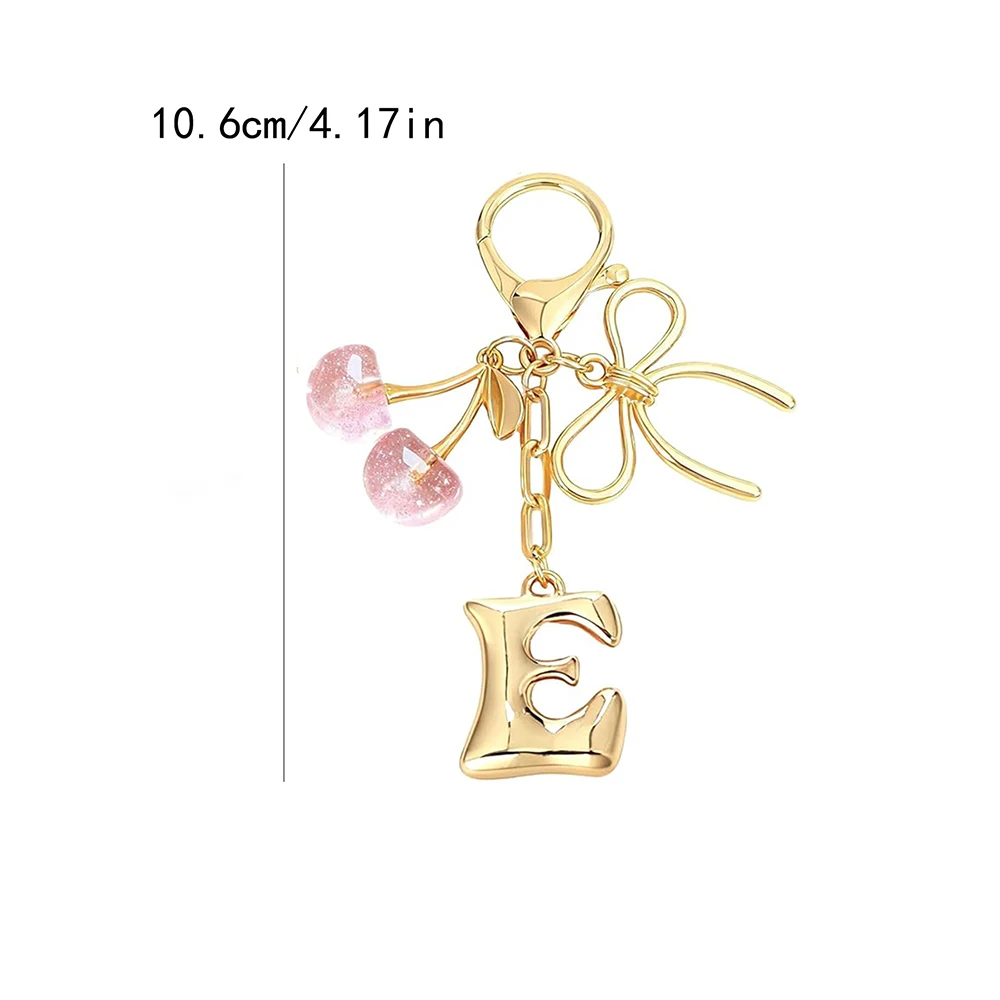 Gold Letter Bubble Initial Keychain with Bow & Cherry, Cute Handbag Accessory