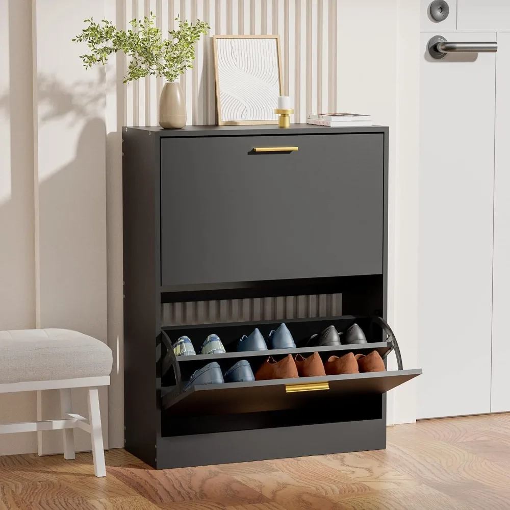 

Shoe Cabinet Storage for Entryway, Slim Black Hidden Shoe Organizer Cabinet with 2 Flip Drawers, Wooden Narrow Shoe Rack