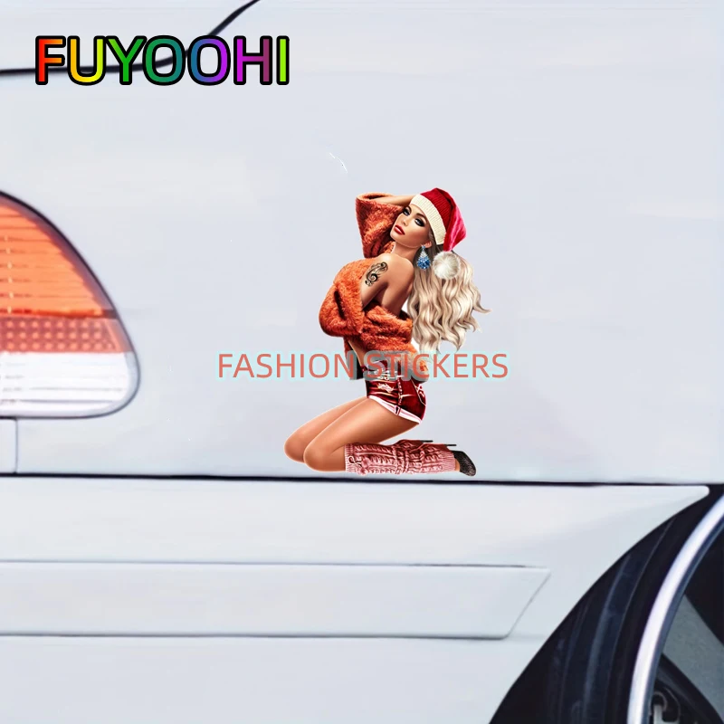 FUYOOHI Funny Car Stickers Sexy Beauty Girl with Sweater and Christmas Hat Colorful Styling Decal