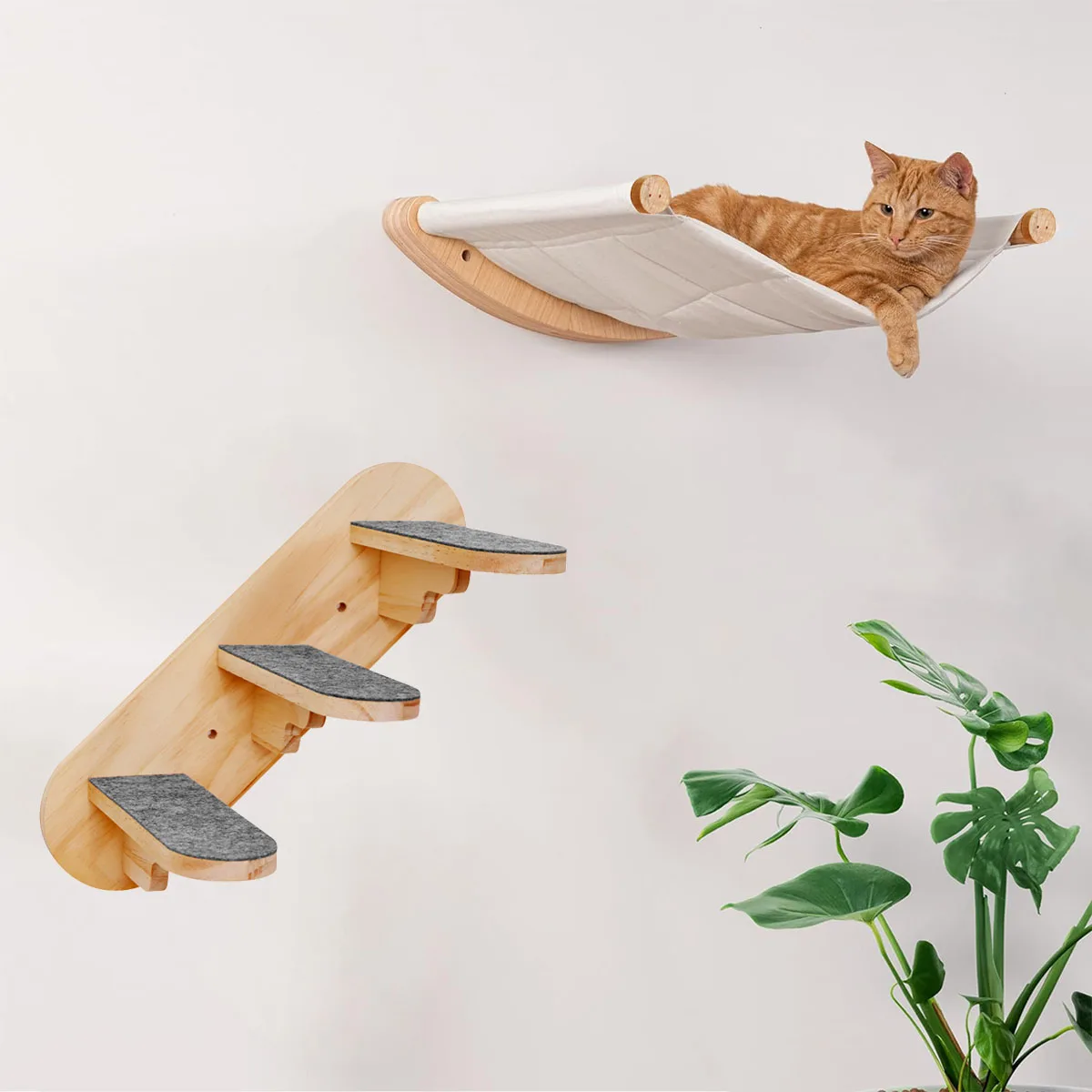 

Wall Mounted Climbing Shelves Set Natural Wooden A Cat Hammock with A 3-Layer Ladder Set for Kitten Safe Perch and Play