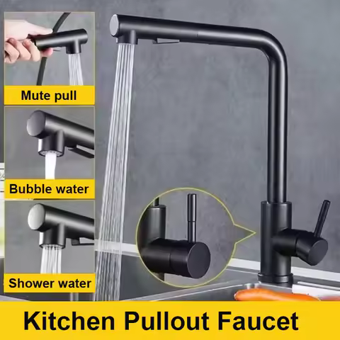 Black Pull Out Kitchen Sink Faucet Flexible 2 Modes Stream &amp; Sprayer Nozzle Faucets Stainless Steel Hot Cold Wate Mixer Tap Deck