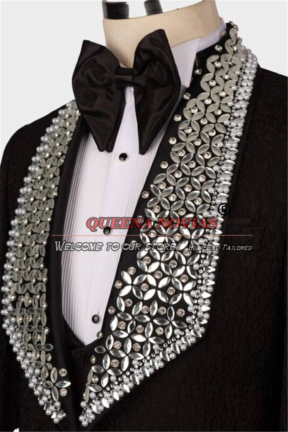 Exquisite Groom Wedding Suits Fit Slim Handmade Custom Design Tuxedo Crystal Beading Lapel Jacket Vest Pants 3 Piece Man Clothes