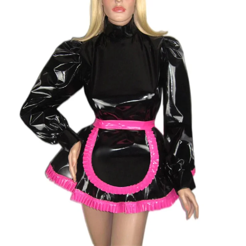 Men Men Sissy PVC Maid Flared Dress with Apron Puff Long Night High Neck Maid Dress Sexy Shini Faux Latex Maid Servant Uniform M