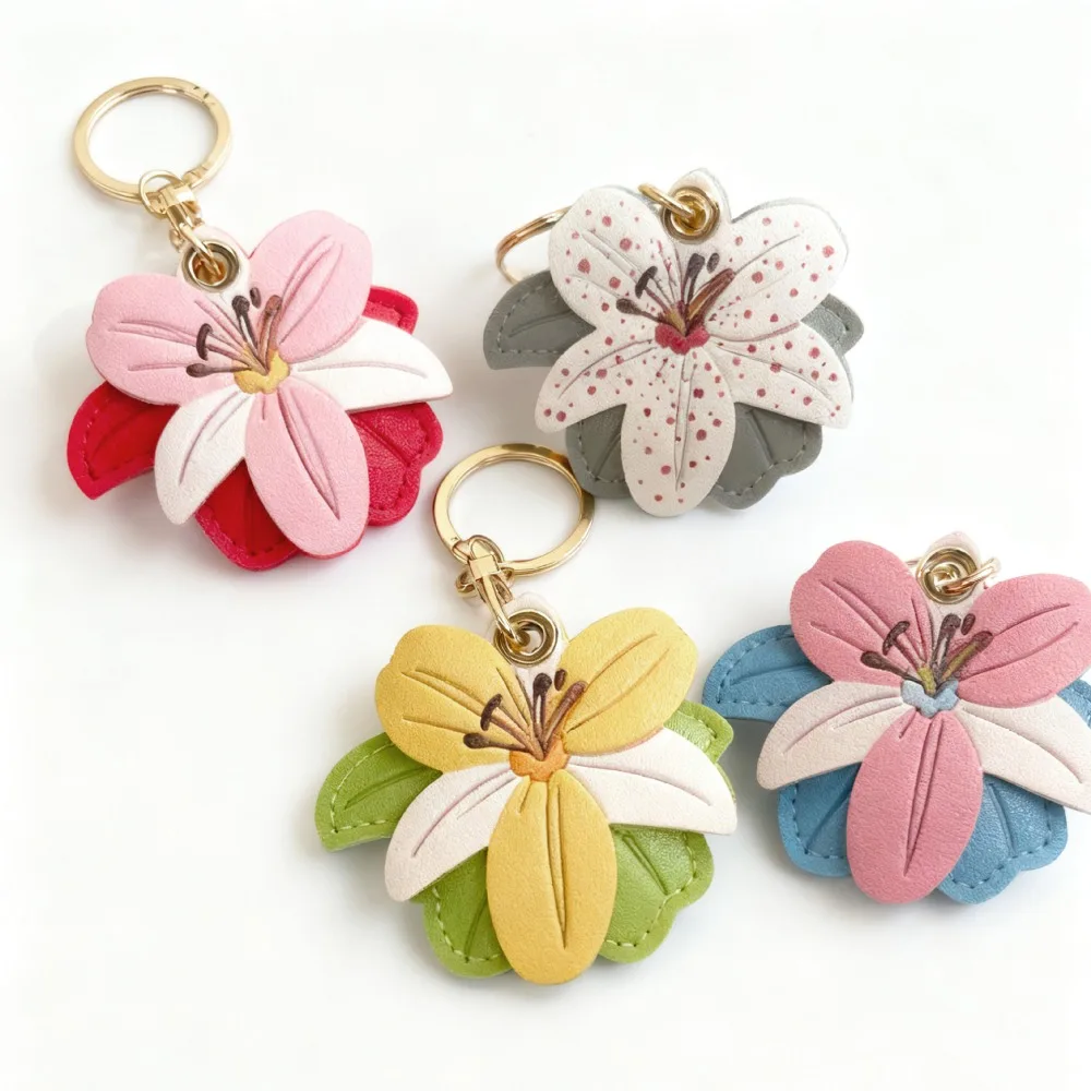 High Beauty Lily PU Leather Access Card Protective Cover Bag Pendant Car Keychain Gift Decoration