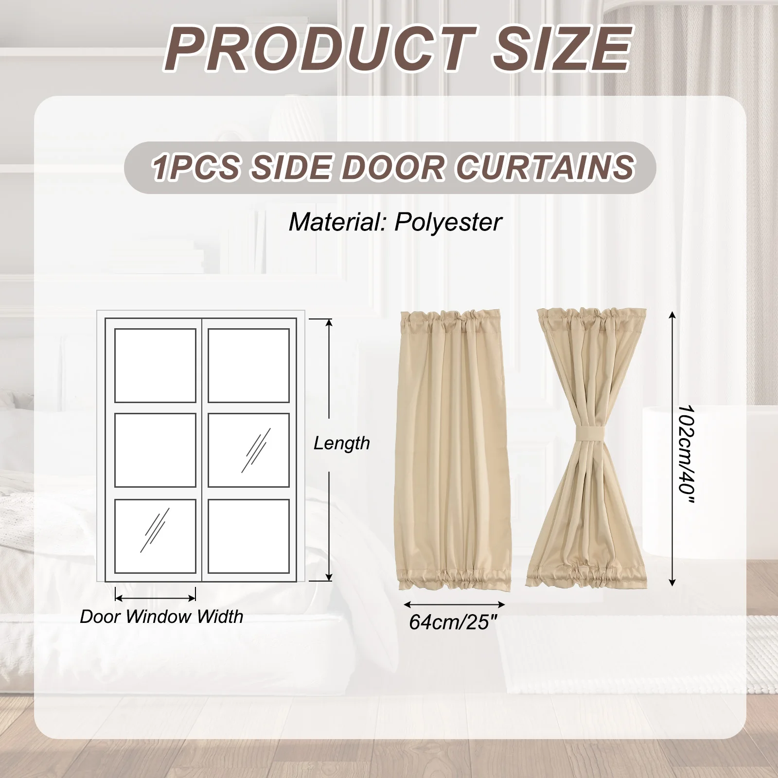 Blackout Door Curtains, French Side Door Window Curtain for Privacy, Rod Pocket Door Curtain Tie Up Shade for Window 1 Panel