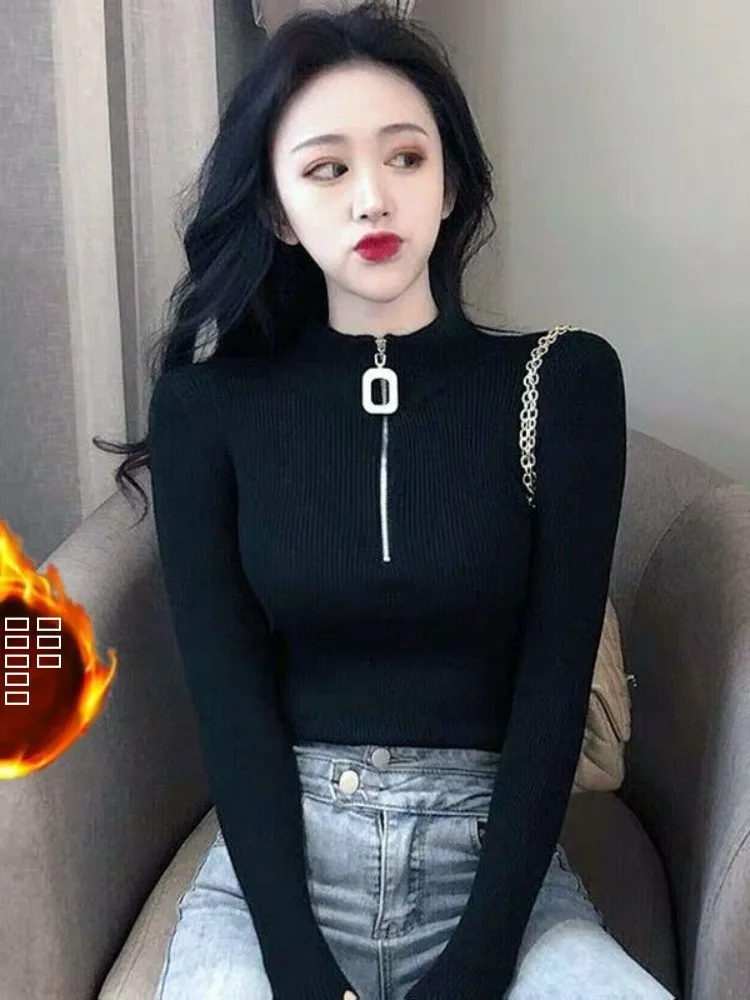 

Женский вязаный длинный свитер Sve Fce на подкладке, винтажный топ Bla, облегающий свитер на молнии, базовый свитер, осень-зима, новый Sle