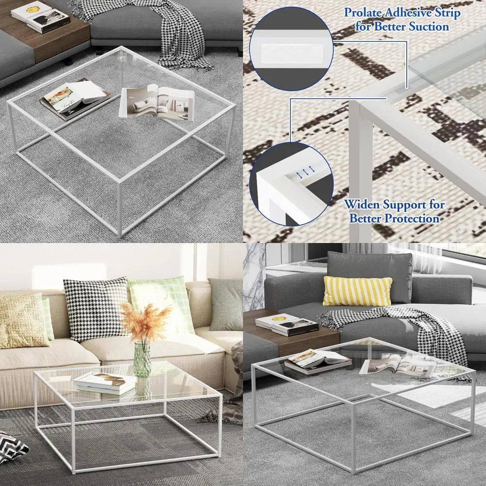 

Compact Modern Square Glass Coffee Table, Minimalist Design for Small Spaces, Sturdy Metal Frame, Easy Assembly, 27 x 27, White