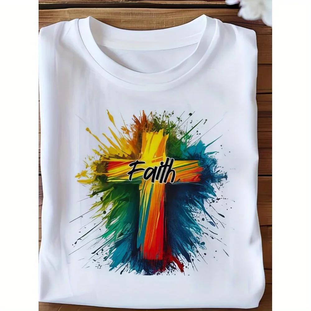 Manica corta, girocollo, maglietta in misto per la primavera/estate/autunno, grafica astratta-cristian, Natale, versatile 0XL-4XL