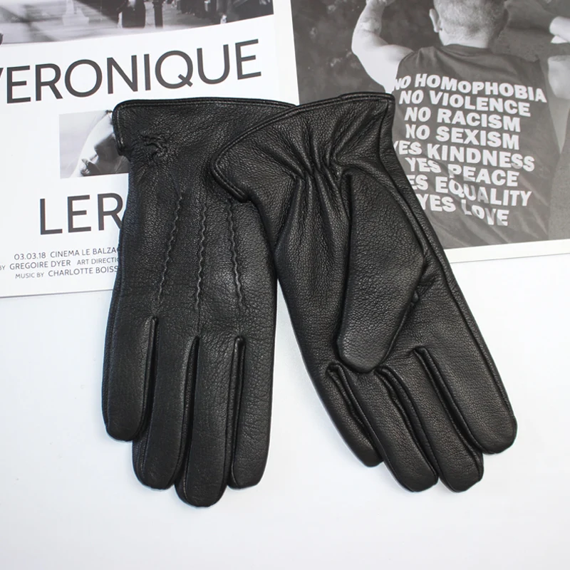 Guantes de piel de ciervo para hombre, forro de piel de conejo corrugado, forro de terciopelo cálido de invierno, guantes de lana recta de punto de