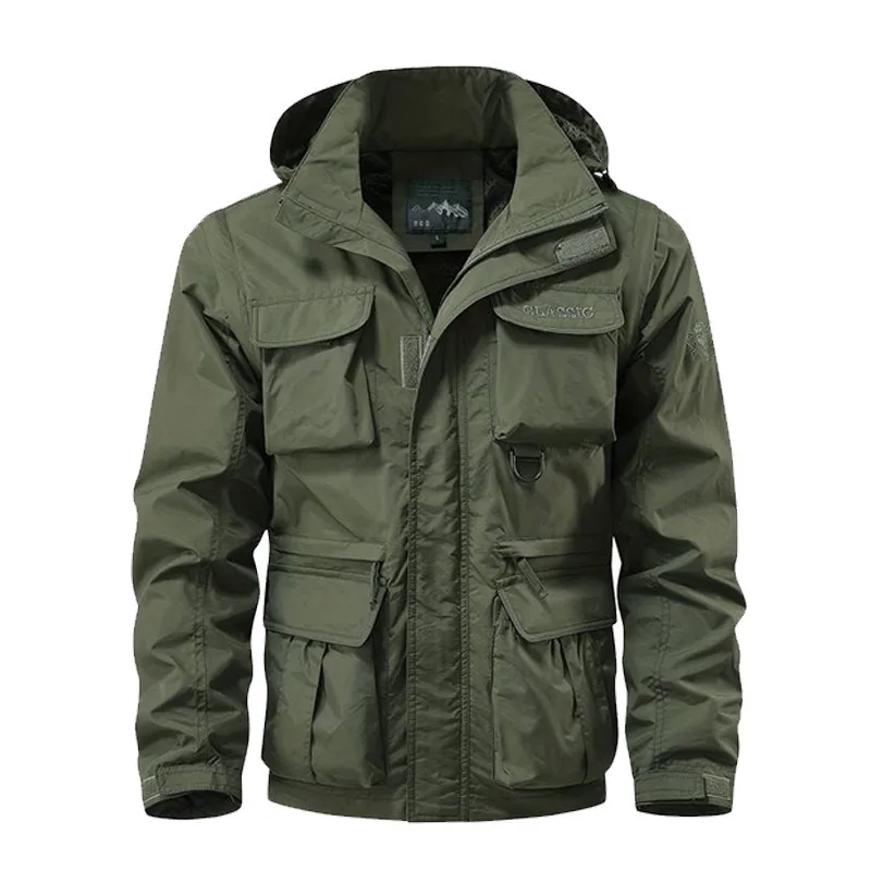 

Detachable windproof sleeved hooded jacket suitable for outdoor activities men's casual waterproof multi pocket jacket vest
