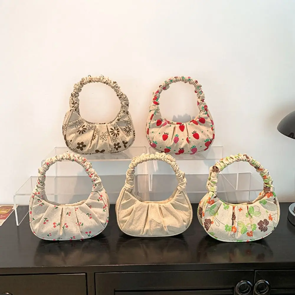 Casual Strawberry Cloud Shoulder Bag Pleated Linen Printed Crossbody Bag Dumpling Bag Storage Bag Pleated Linen Handbag Travel