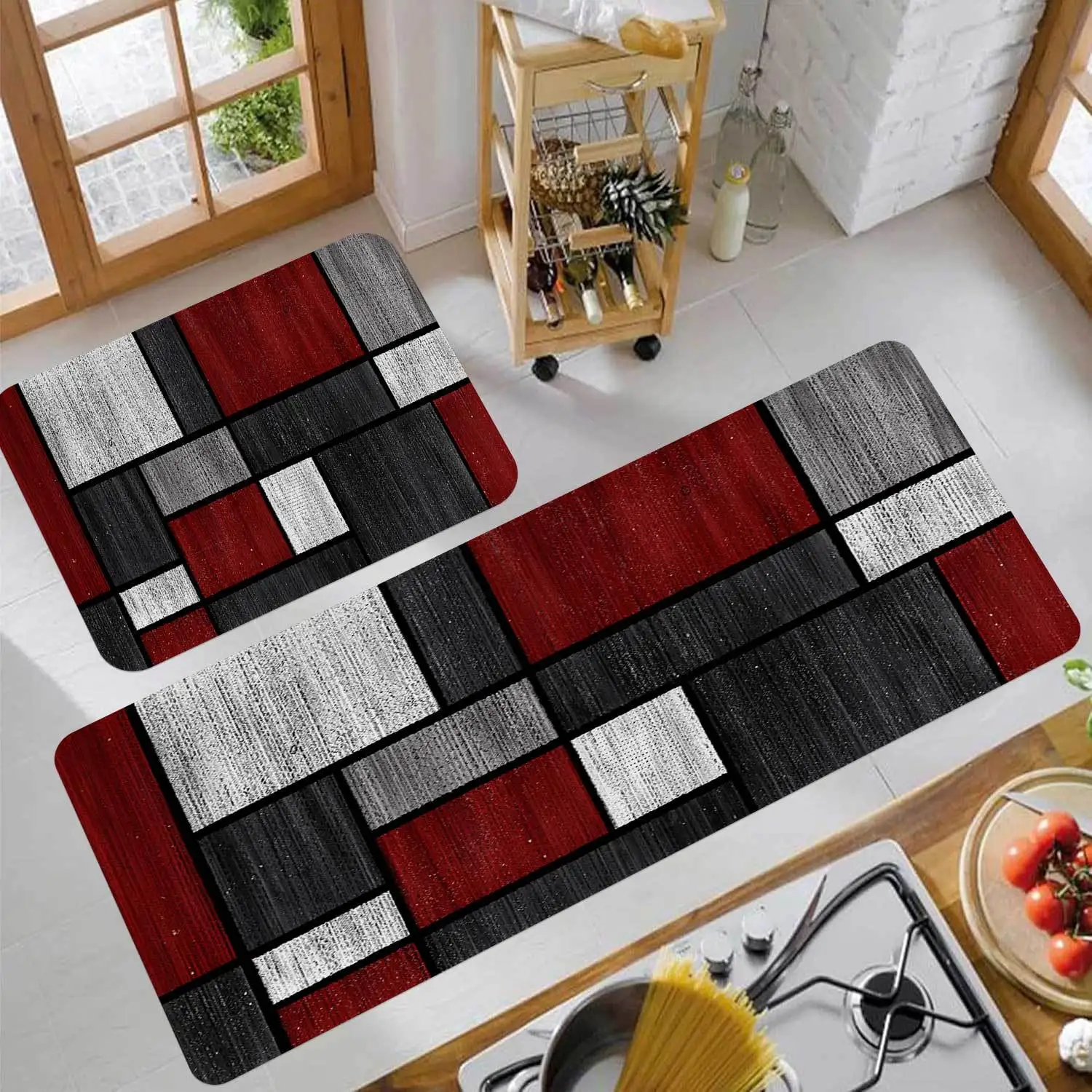 Red Black Kitchen Rug 1/2/3pcs Set Geometric Area Rug FloorMat Runner Rug for Living Room Bedroom Hallway Laundry Patio Doormat