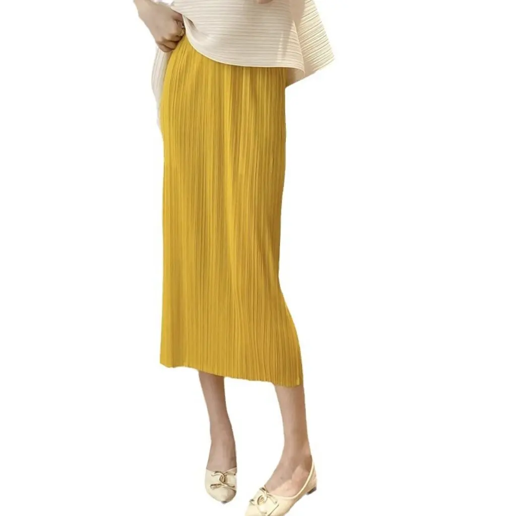 

Women's Miyake Style High Waist Slimming Pleated Skirt Green Split Skirt for Summer