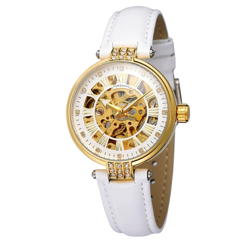 FORSINING Women White Golden Skeleton Automatic Mechanical Watch Ladies Fashion Business Luminous Wristwatch Relogio Homme Saati