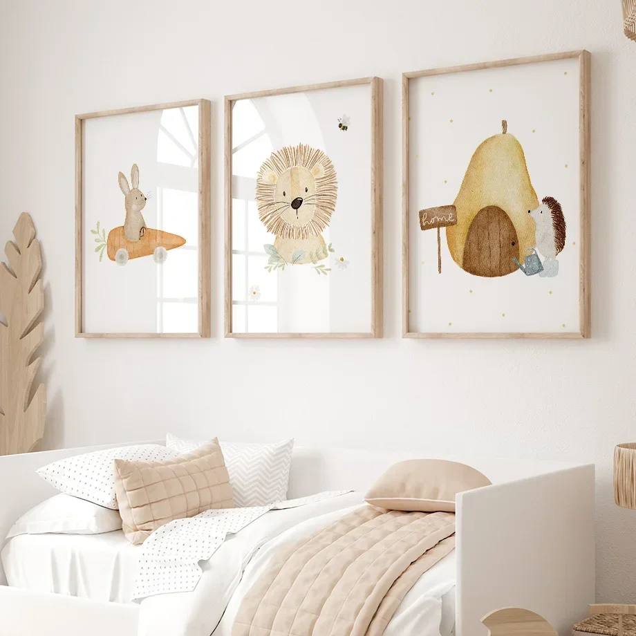 Arte de pared de animales de dibujos animados coloridos, León, oso, autobús, caballo, ratón, impresiones en lienzo HD para decoración de habitación de niños, perfecto para guardería o Playroo