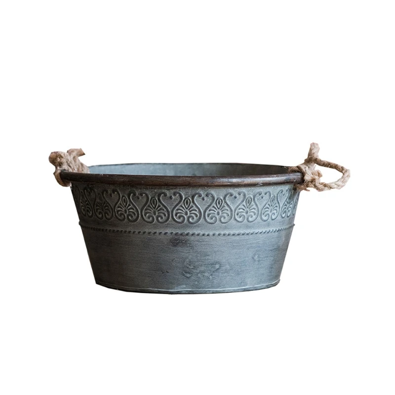 Retro Rope Handle Round Bucket Planter Perfectly Sized Metal Tray Seasonal Decor