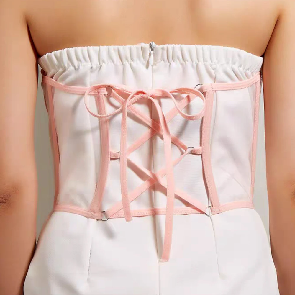 Summer Lace-up Cummerbund Women Wide Corset Belt  Pearl Chain Transparent Mesh Corset Waist High Waist Bustiers Top Boned Corset