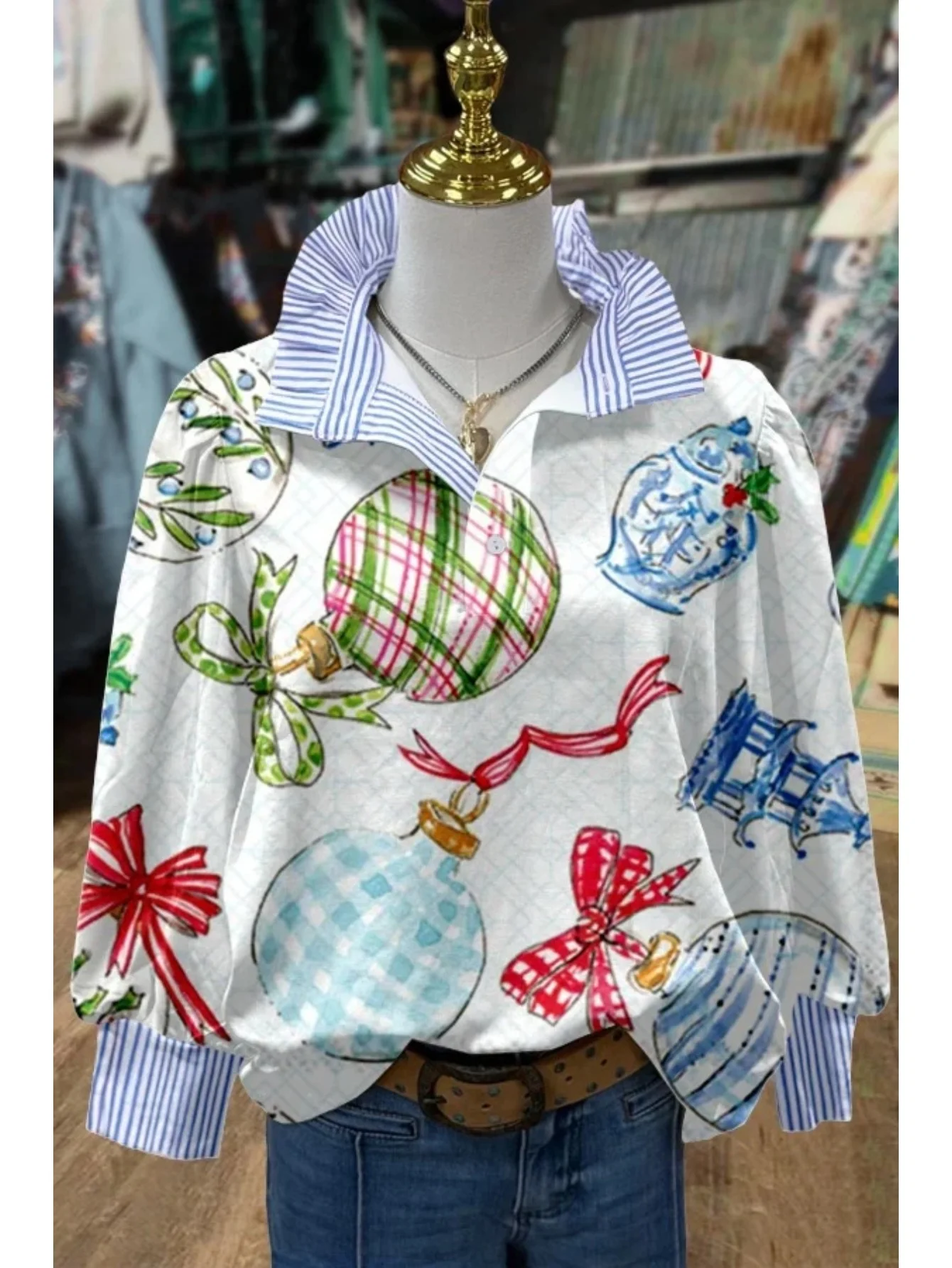 Spring and Autumn Winter Collection Women's Stand up Collar Long Sleeve Shirt,With collar and bohemian black lantern print